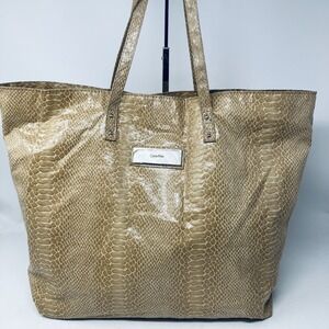 Calvin Klein Large Snakeskin Pattern Beige PVC Two Handle Logo Tote Shopping Bag